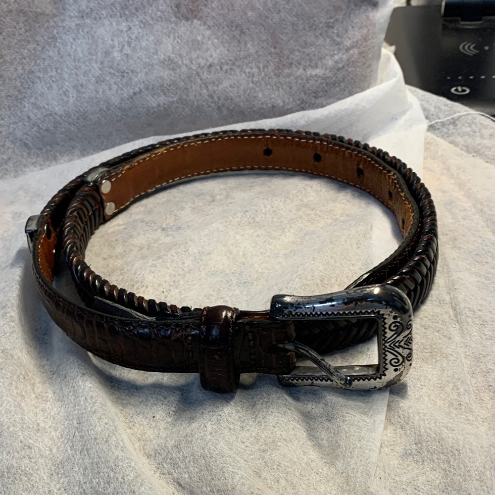 Brighton  Brown  Braided Leather  Croc Embossed Belt with Silver Buckle